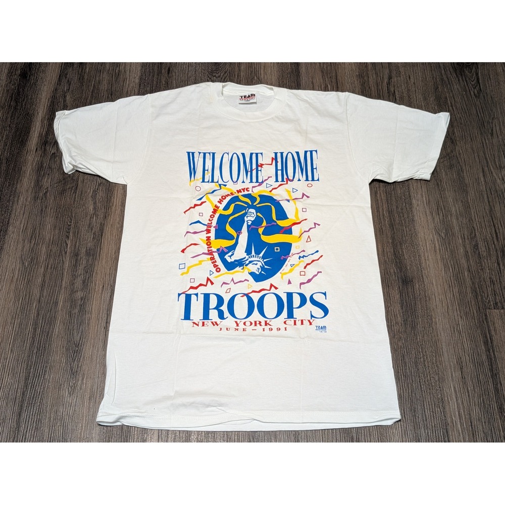 Team Edition Welcome Home Troops NYC 1991 T-Shirt Mens Large White Vintage 90s
